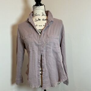 MIOU MUSE Gauze Shirt Button Down Long Sleeve Distressed Raw Hem Light Pink Sz S